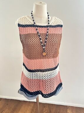 DR2 Open Weave Crochet Sweater Tank Peach Cream Navy Boho Beach Cover Up M
